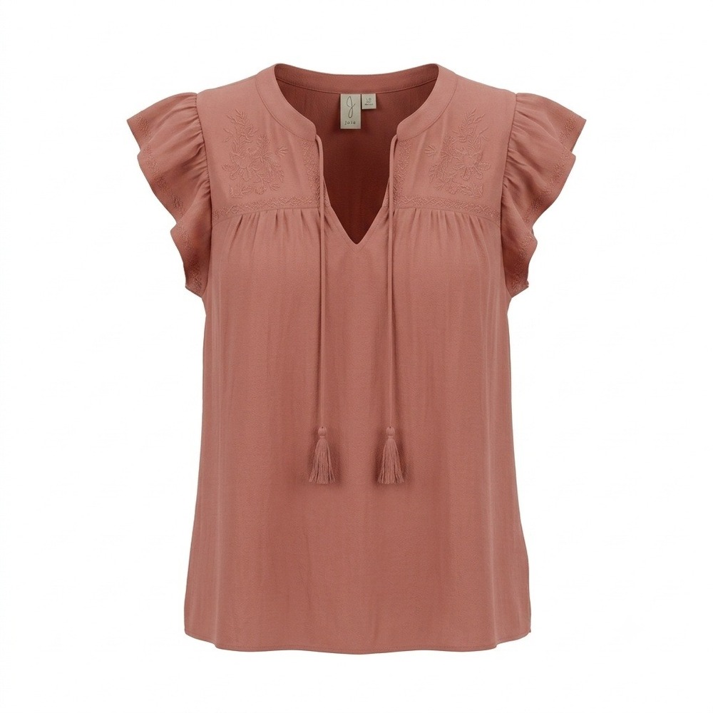 Joie Terracotta Rose Embroidered Flutter Sleeve Tassel Tie Blouse Large